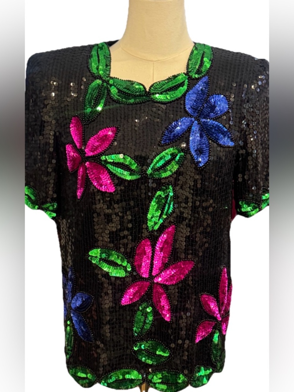 Vintage Sténay 100% Silk Sequin Floral Top Black Beaded Blouse Size S